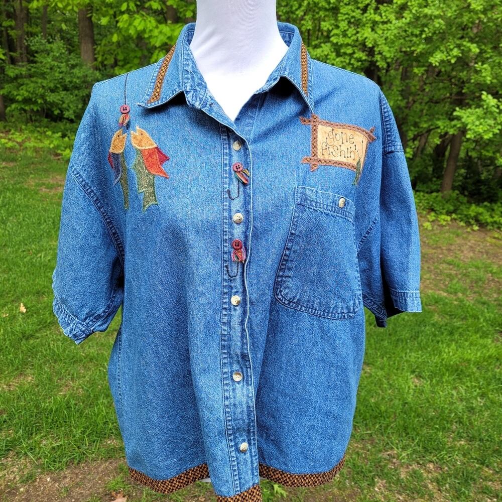 Agnes Apparel Italy Gone Fishing Applique Chambray Button up Top Reworked